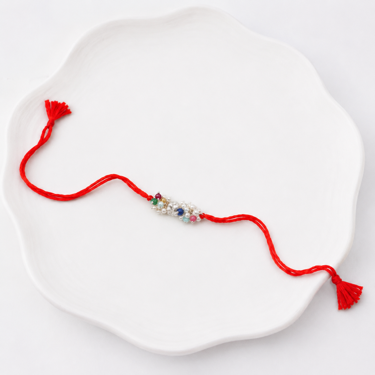 Silver Bead & Multicolour Stone Bunch Rakhi (Project Handmade)