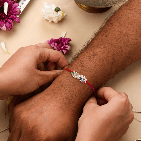 Handcrafted silver bead and multicolour stone Rakhi for Raksha Bandhan