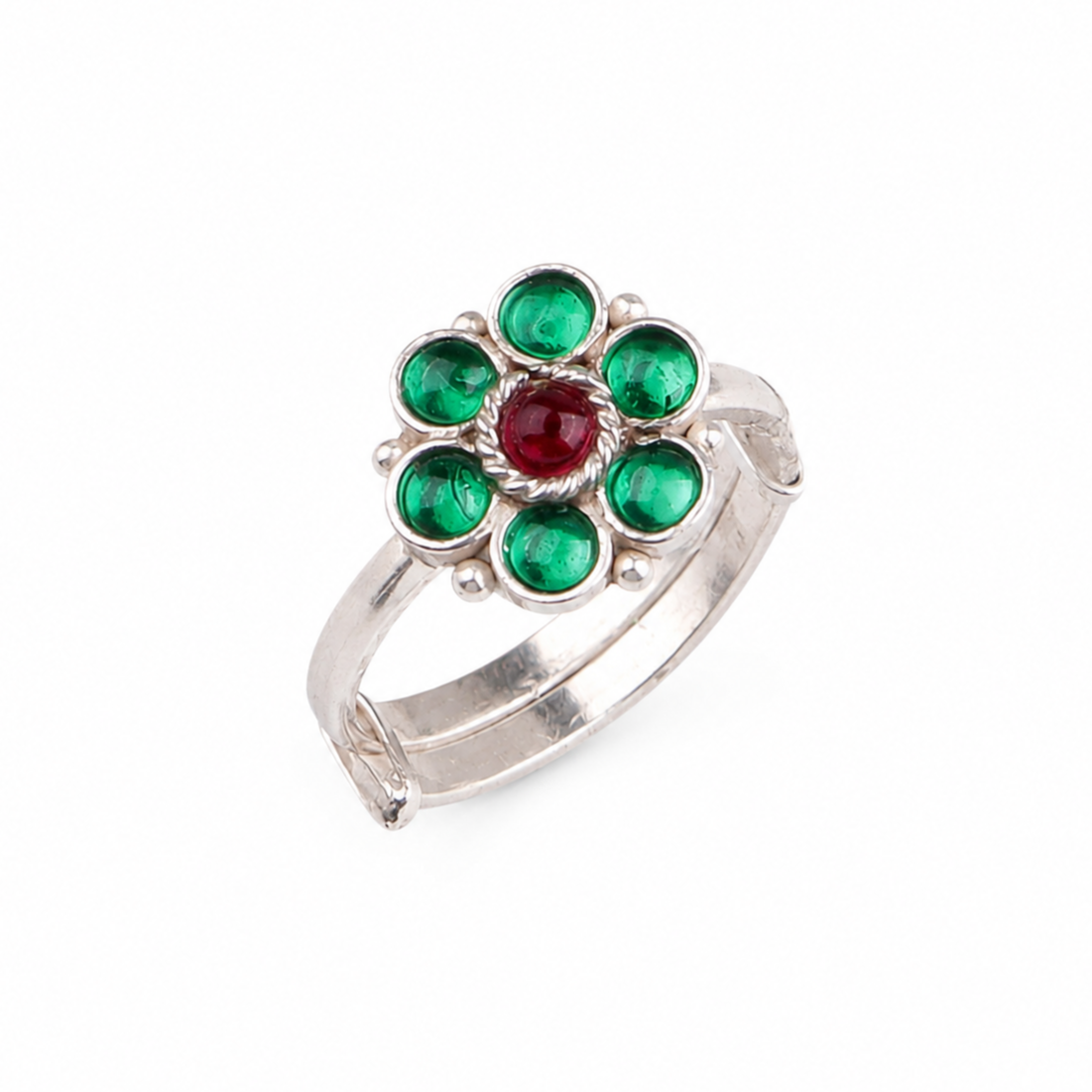 Bageecha Green Flower Ring | 92.5 Silver | Kempu stones