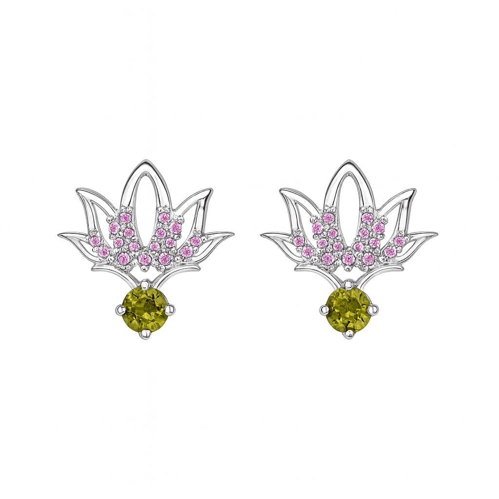 Silver CZ Lotus Earring with pink and green gemstones