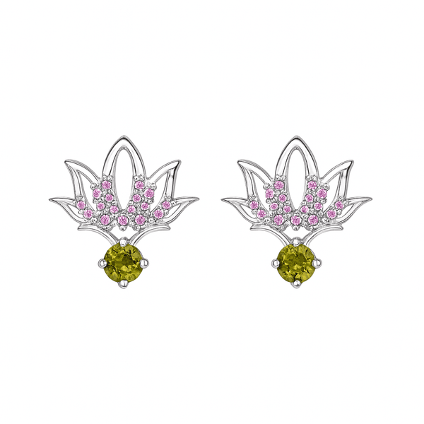 Silver CZ Lotus Earring with pink and green gemstones