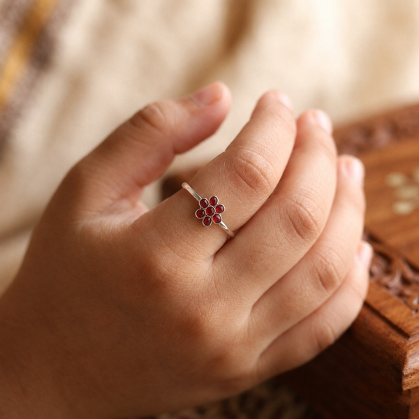 Red Flower Enamel Silver Ring