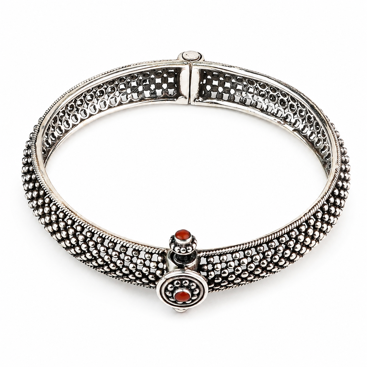 Silver Oxidised Textured Bangle with Red Stone