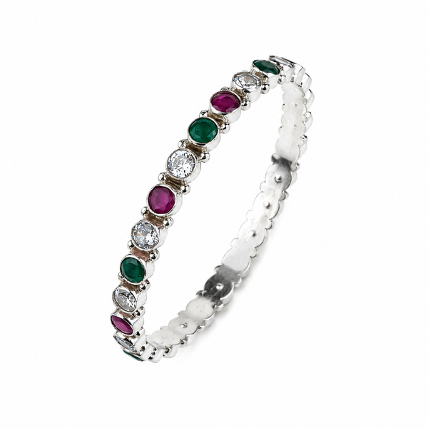 Silver Bangle with White, Green & Pink Stone