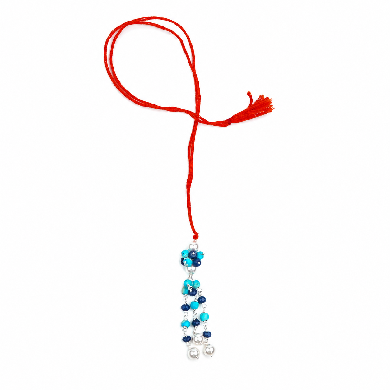Turquoise, Blue Jade & Pearl Handmade Silver Lumba Rakhi