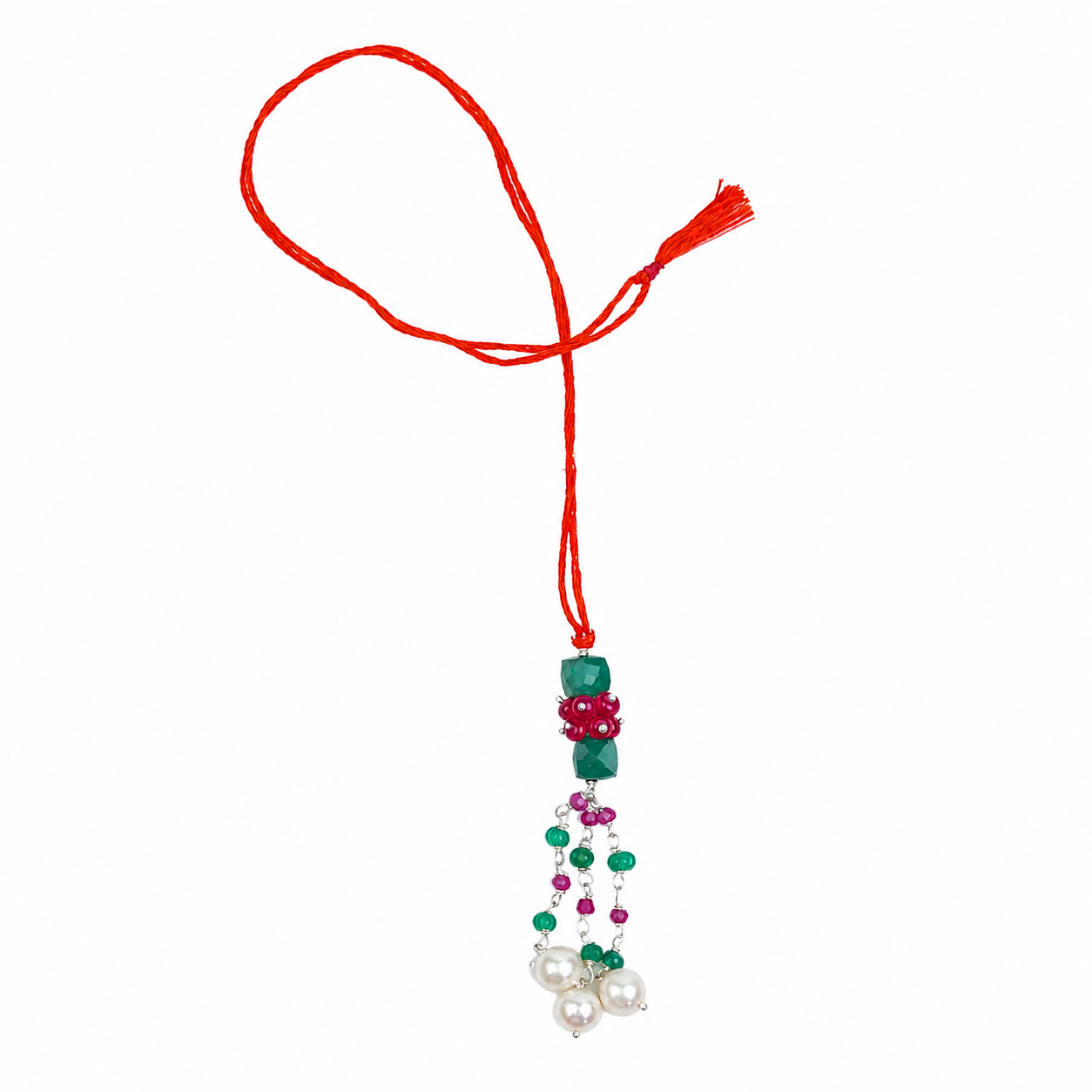 Green Onyx, Rubies & Pearl Handmade Silver Lumba Rakhi