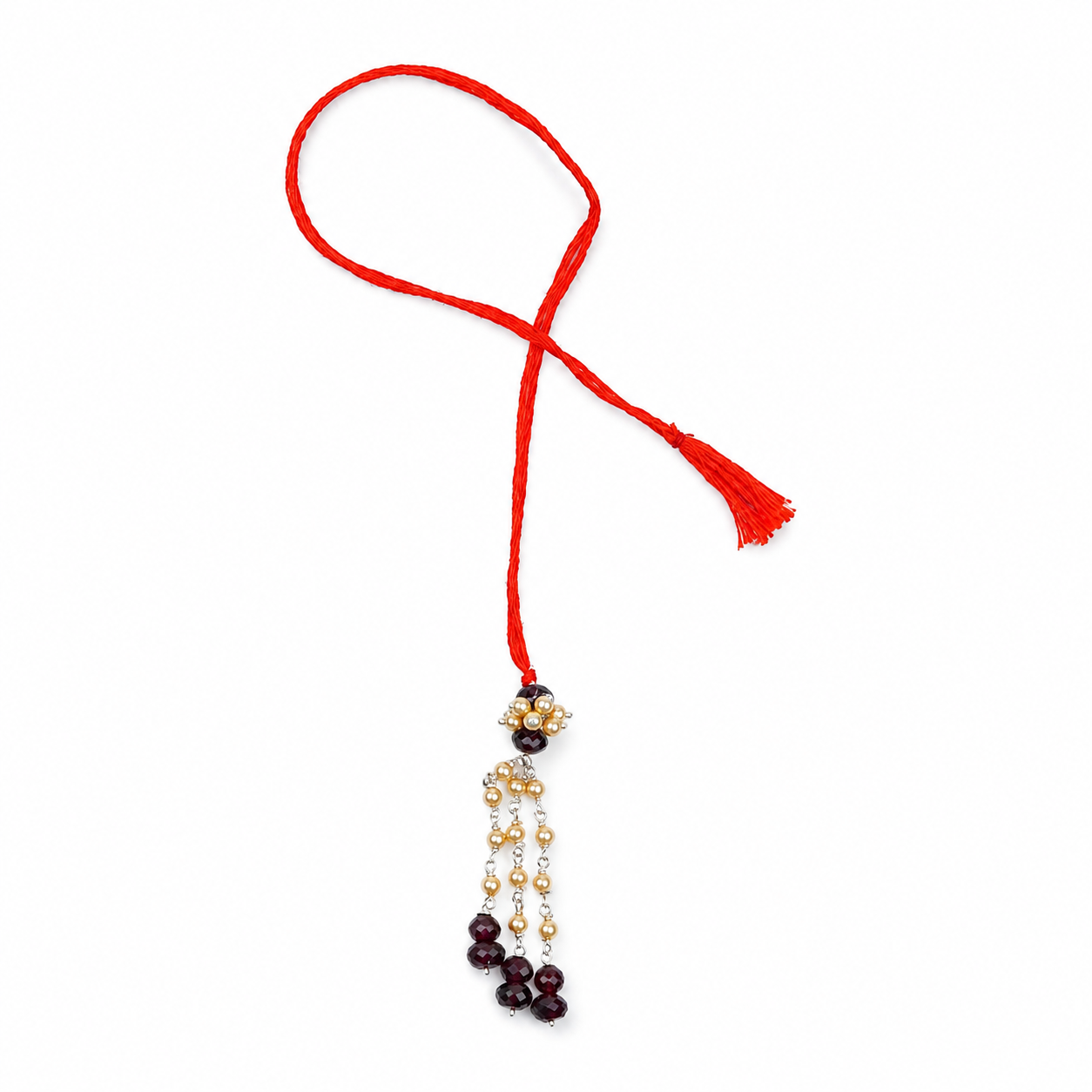 Garnet & Golden Pearl Handmade Silver Lumba Rakhi