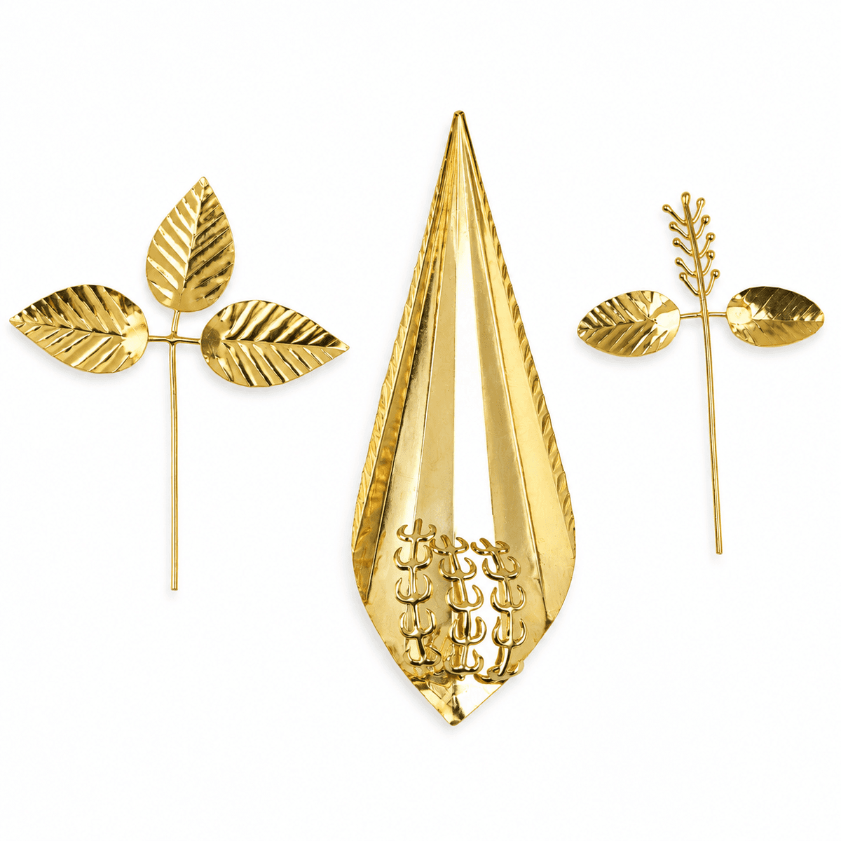 Set of 3 Leaves – Kevda, Tulsi Manjiri & Bel in a premium 22K Gold-Plated finish, featuring intricate traditional leaf designs