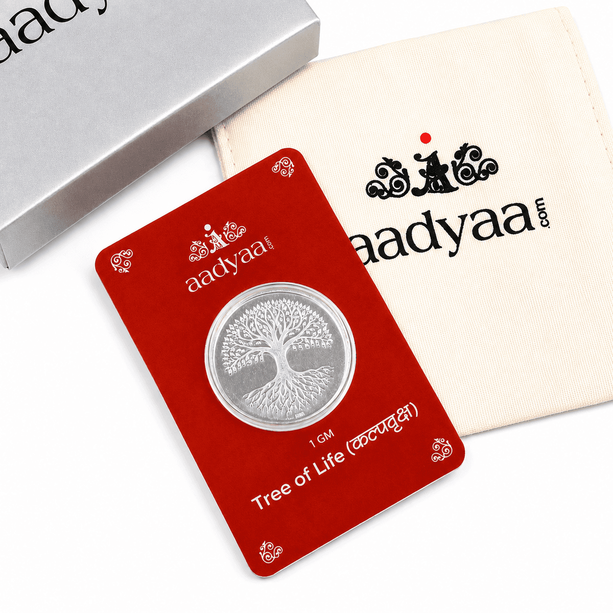 Angled view of Tree of Life (Kalpavruksha) Silver Coin (1 gm) in 92.5 sterling silver with premium finish