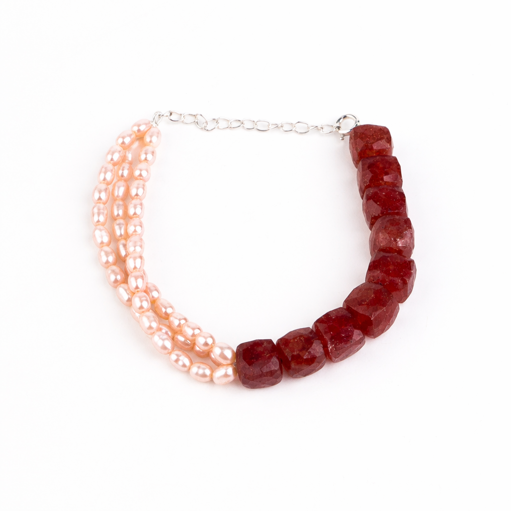 Strawberry Quartz & Pink Rice Pearl Bracelet