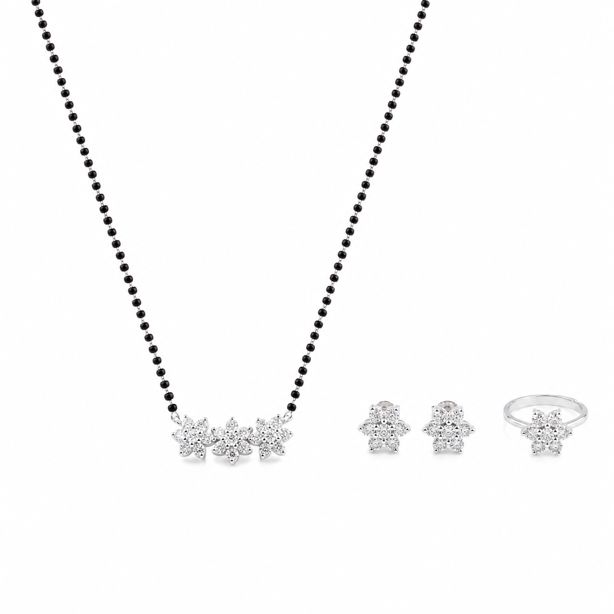 Classic CZ Flower Motif Mangalsutra Set with Ring – Big