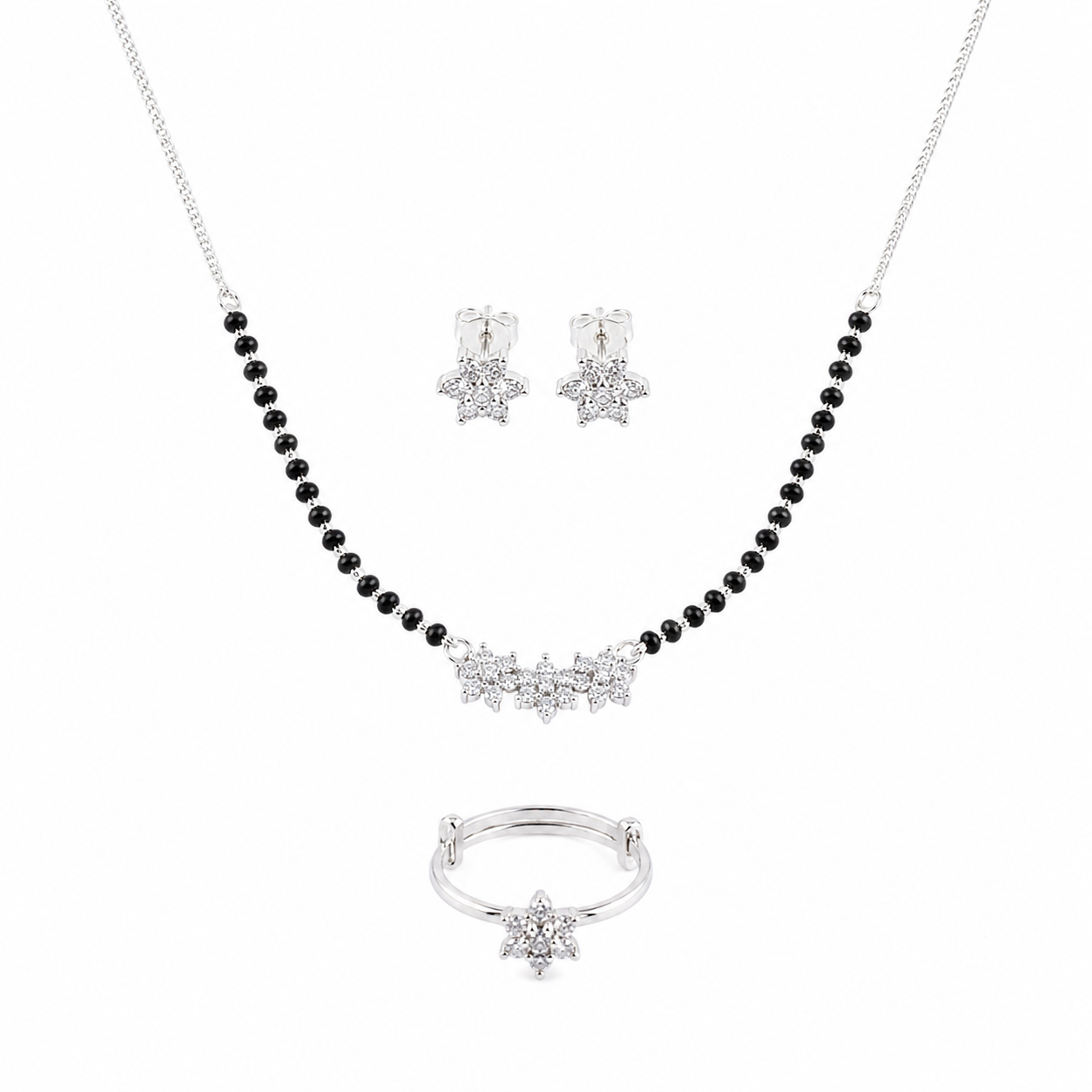 Classic CZ Flower Motif Mangalsutra Set with Ring – Small