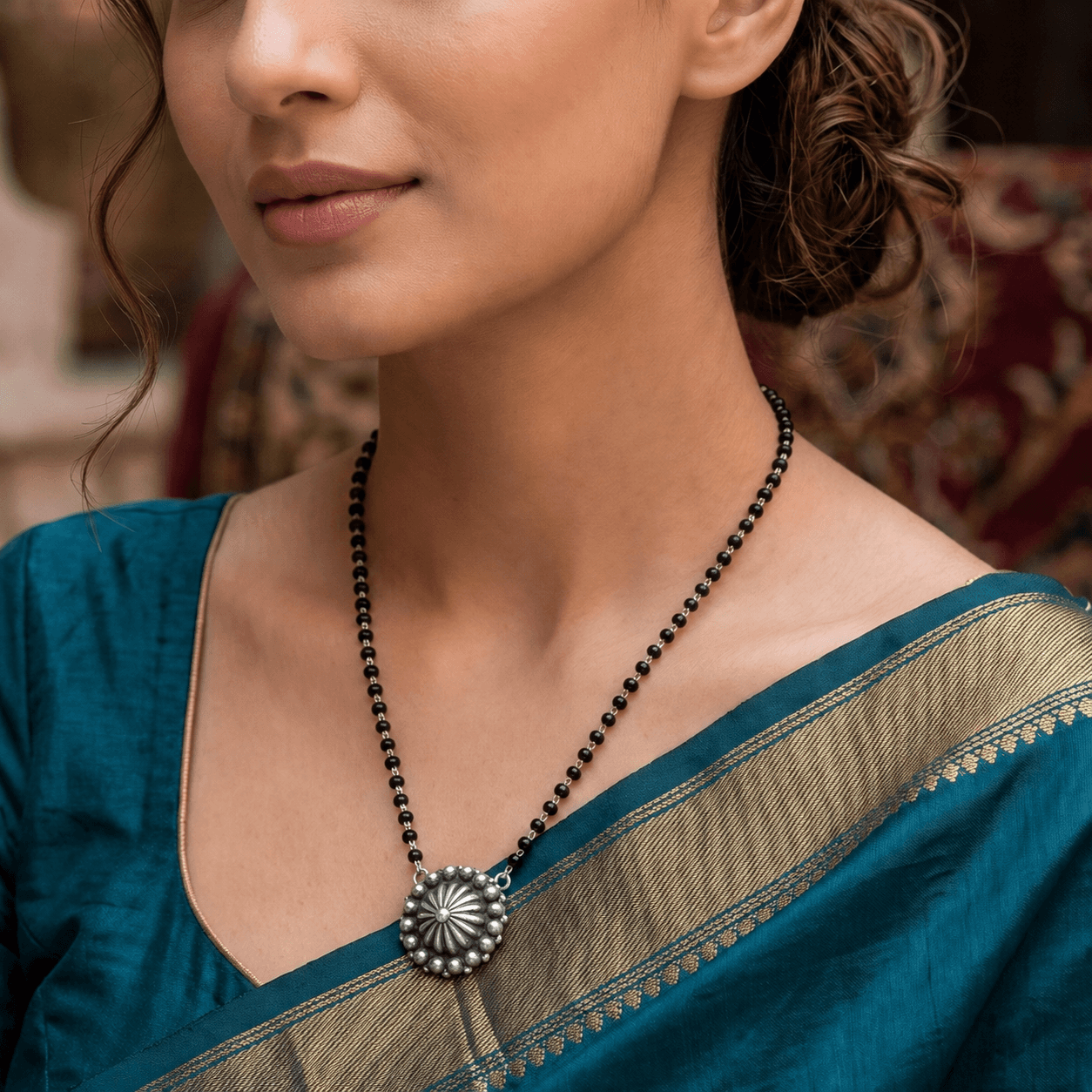Model wearing Silver Oxidized Dome Mangalsutra for a graceful traditional and everyday look