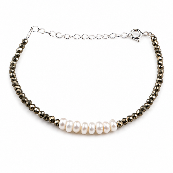Pyrite & Freshwater Pearl Silver Bracelet (Project Handmade)