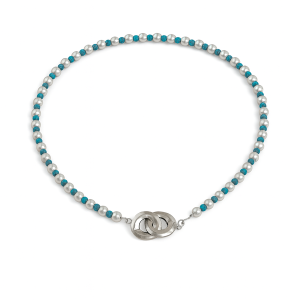 Sterling silver infinity lock necklace with pearls and turquoise beads