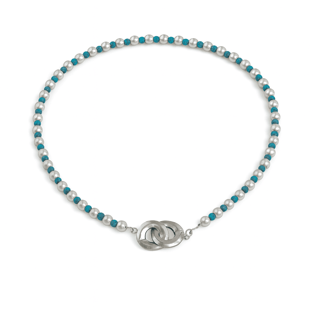 Sterling silver infinity lock necklace with pearls and turquoise beads