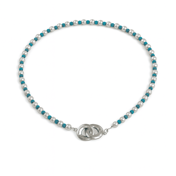 Sterling silver infinity lock necklace with pearls and turquoise beads