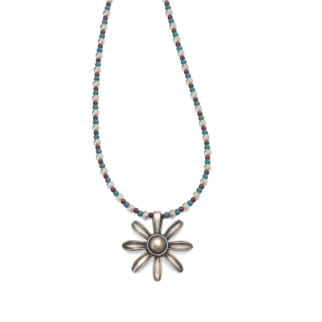 Flower pendant necklace with pearls and semi-precious stones in silver