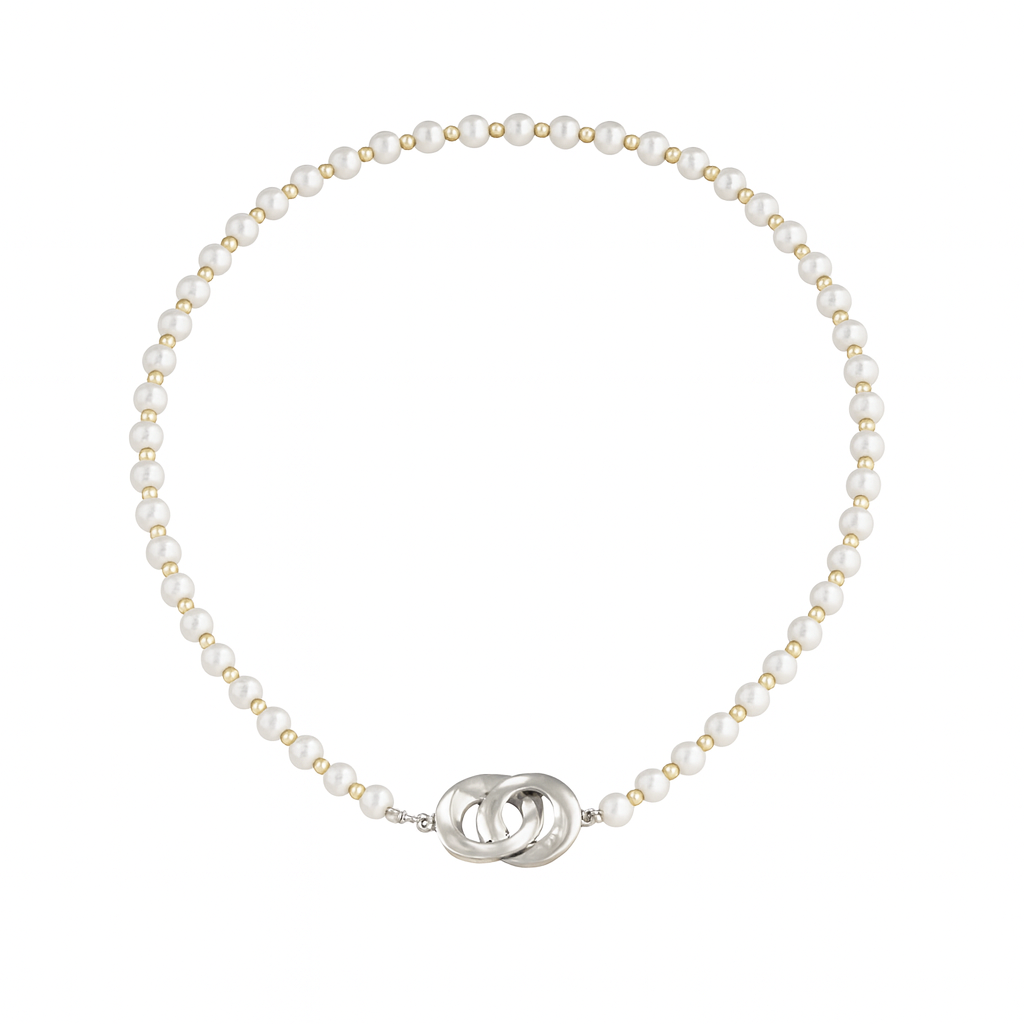 Infinity lock necklace with white and gold pearls