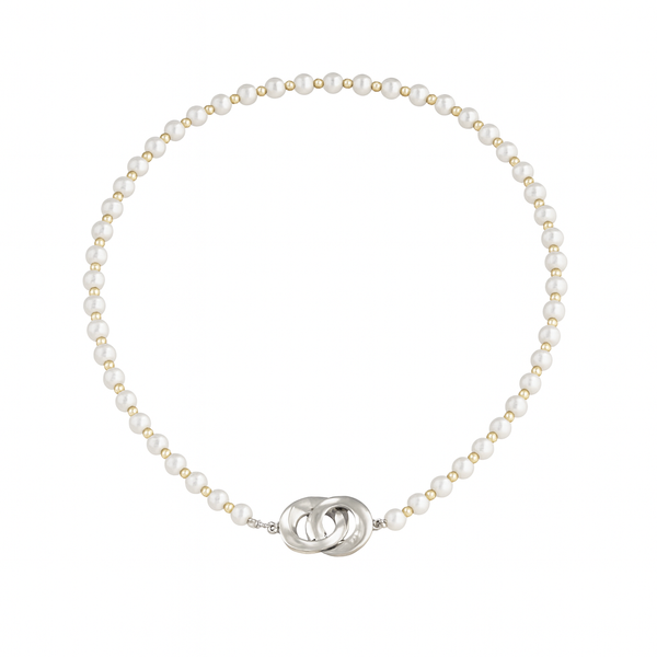 Infinity lock necklace with white and gold pearls in silver