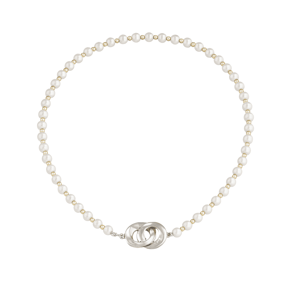 Infinity lock necklace with white and gold pearls in silver
