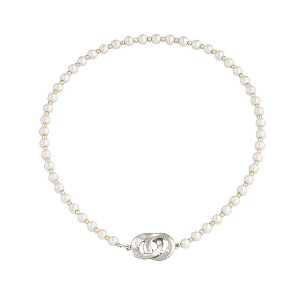 Infinity lock necklace with white and gold pearls in silver