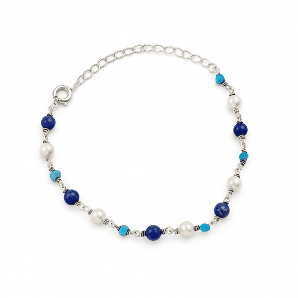 Silver ganthan bracelet with pearls and blue lapis lazuli stones