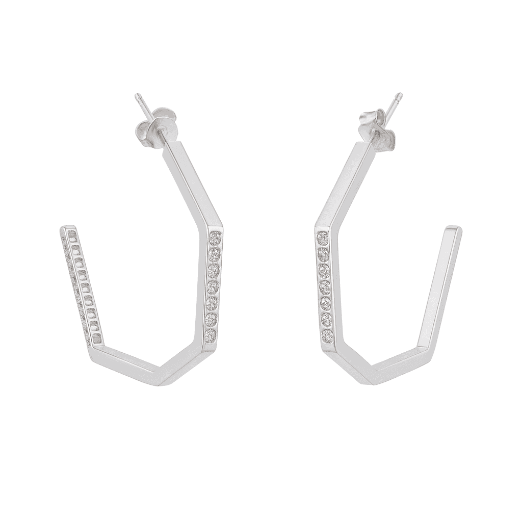 Silver Hexagon Hoops with CZ stones earrings