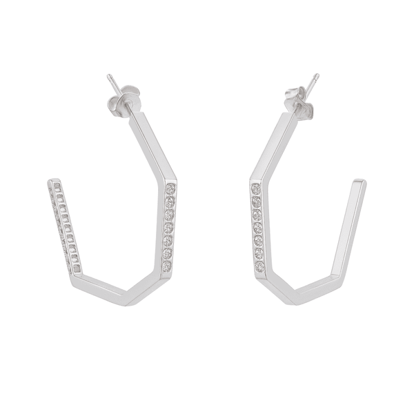Silver Hexagon Hoops with CZ stones earrings