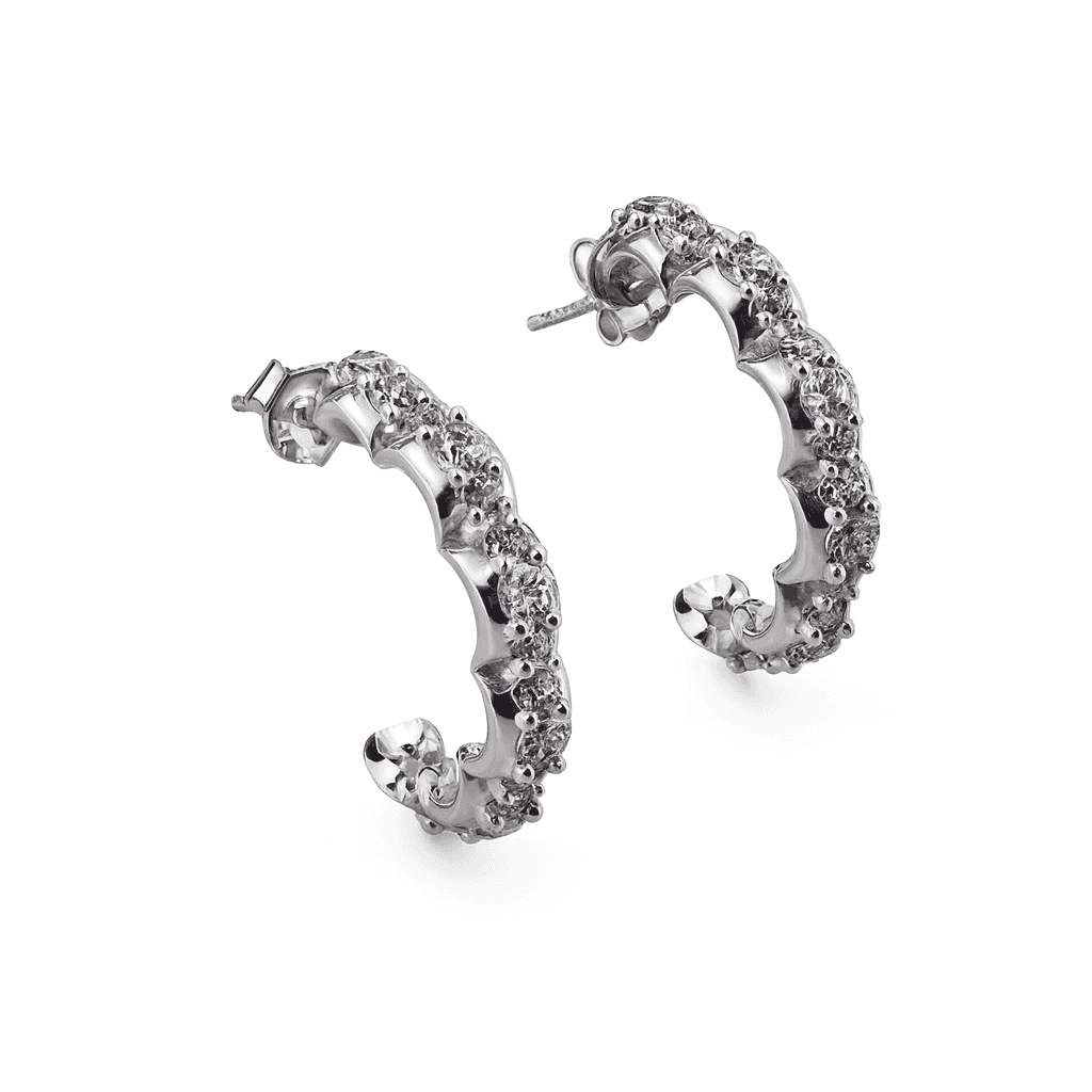 Silver floral hoop earrings with CZ stones, lightweight jewelry for women