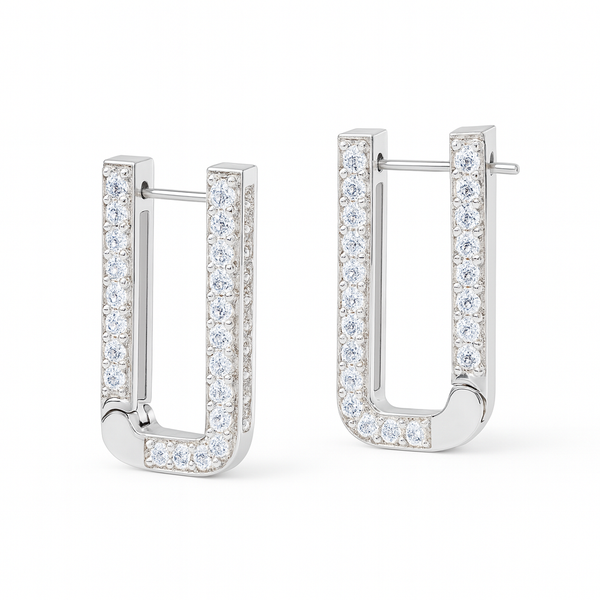 Silver U Shaped Hoops with CZ Stones, modern jewelry