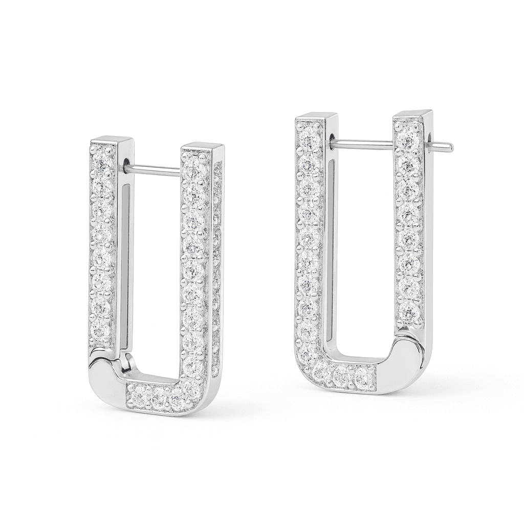 Silver U Shaped Hoops with CZ Stones, modern jewelry