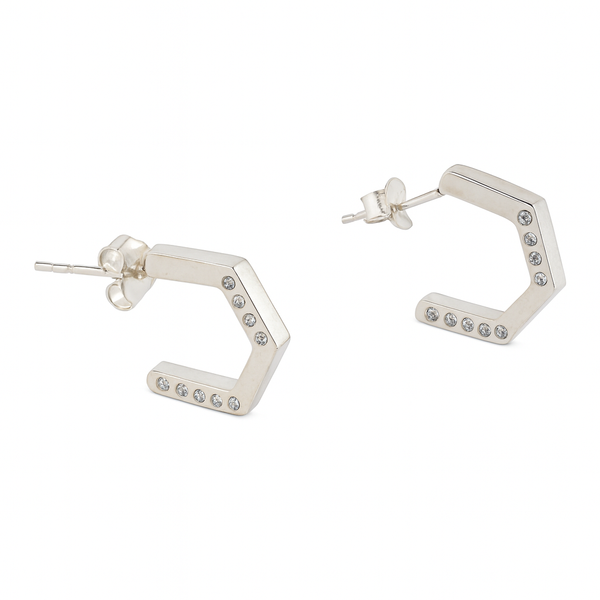 Silver hexagon hoop earrings with CZ stones