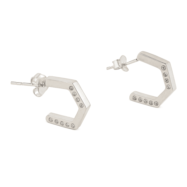 Silver hexagon hoop earrings with CZ stones