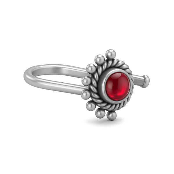 Silver Chandrika Nosepin with red gemstone and intricate design