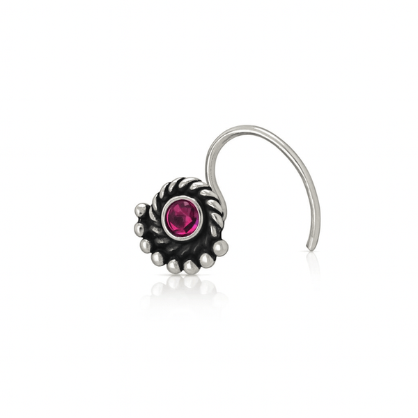 Silver nose pin with pink gemstone and crescent design for jewelry