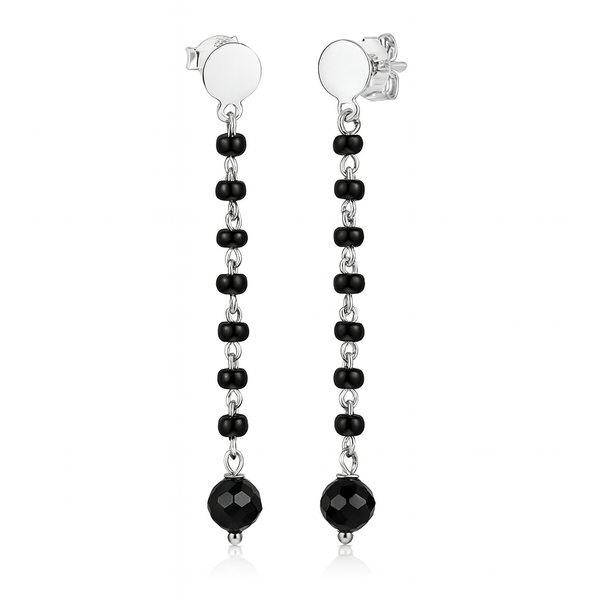 Silver string earring with black spinel in 92.5 sterling silver