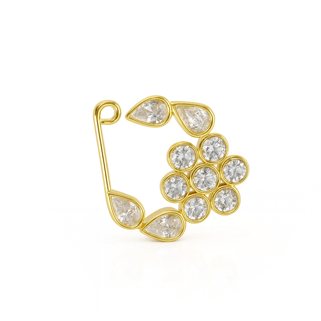 Silver CZ floral nath left clip on in 22K gold plated 92.5 silver