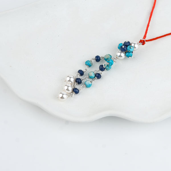 Turquoise, Blue Jade & Pearl Handmade Silver Lumba Rakhi