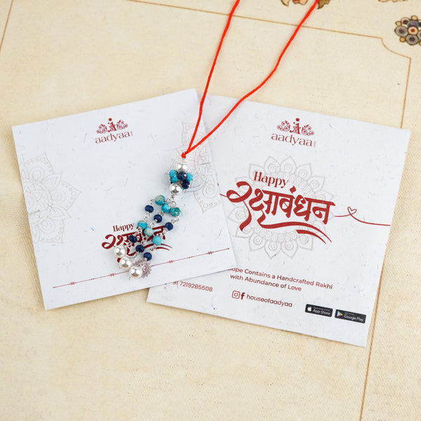 Turquoise, Blue Jade & Pearl Handmade Silver Lumba Rakhi