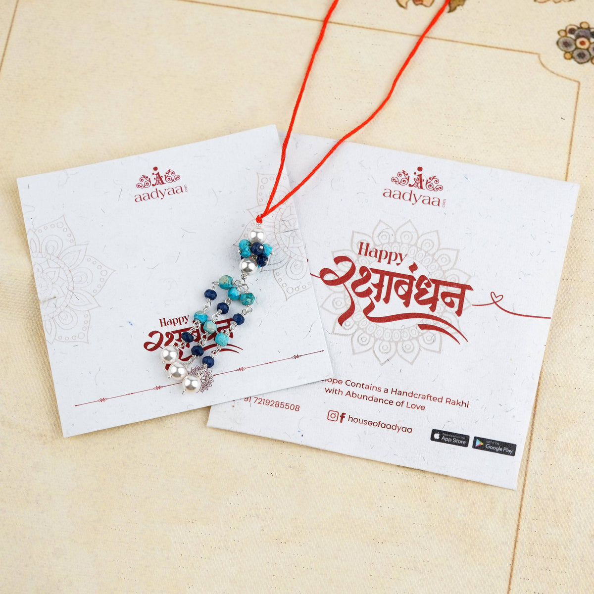 Turquoise, Blue Jade & Pearl Handmade Silver Lumba Rakhi