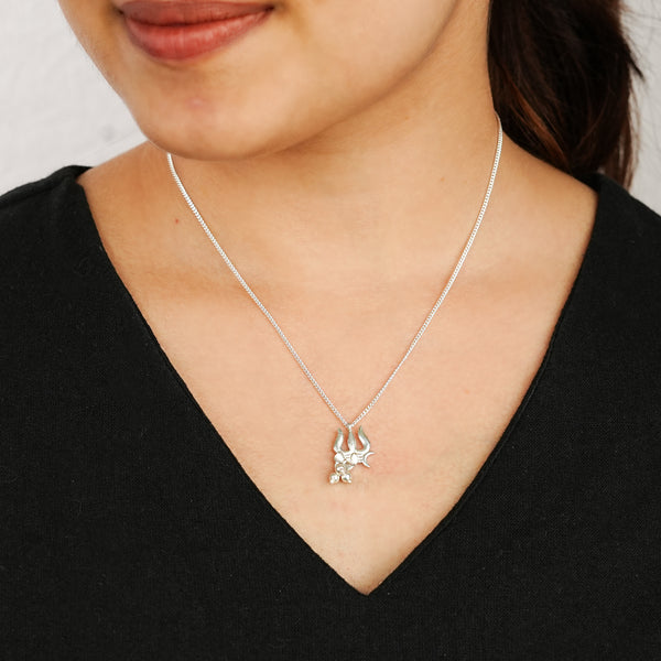 Silver Trishul, Damru And Crescent Moon Pendant Necklace