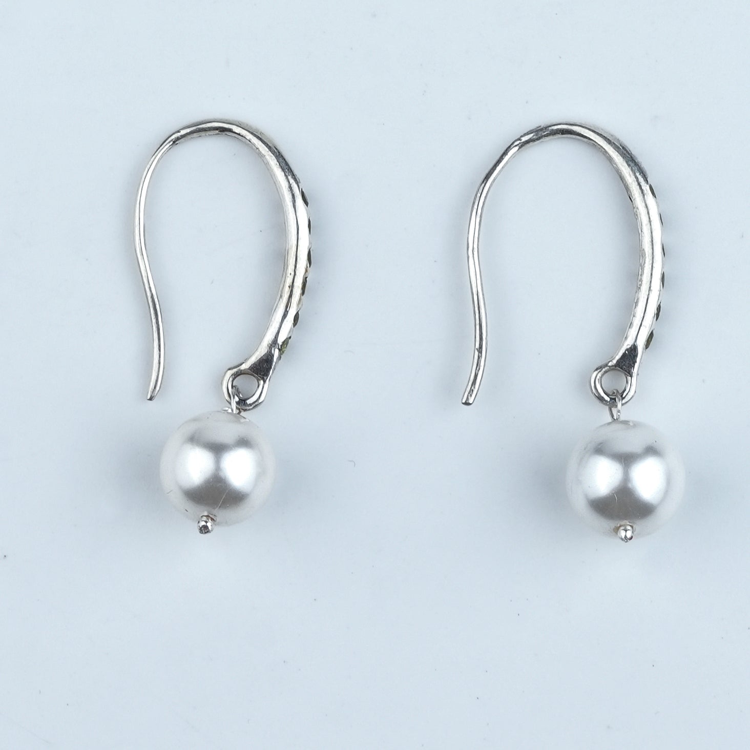 Silver Dangle Pearl Earrings with Green CZ Stones