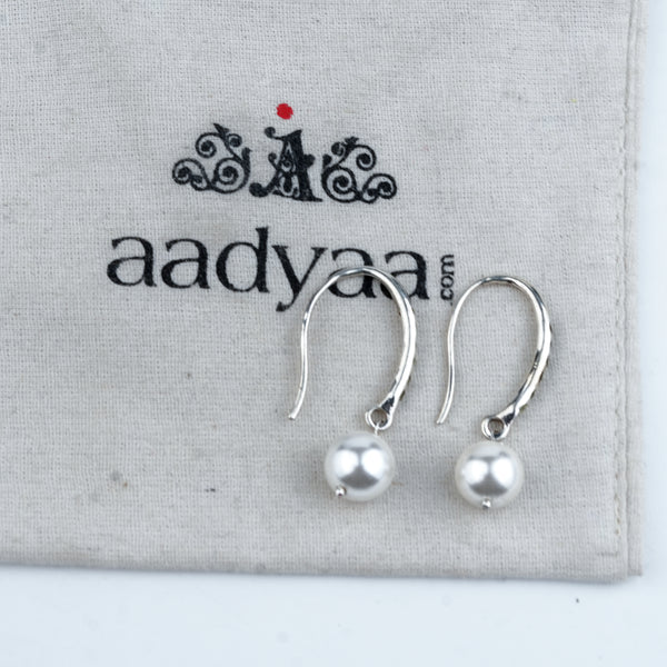Silver Dangle Pearl Earrings with Green CZ Stones