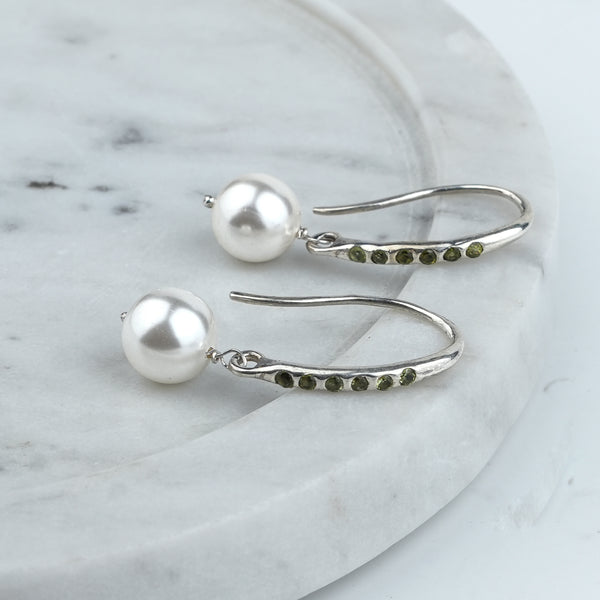 Silver Dangle Pearl Earrings with Green CZ Stones