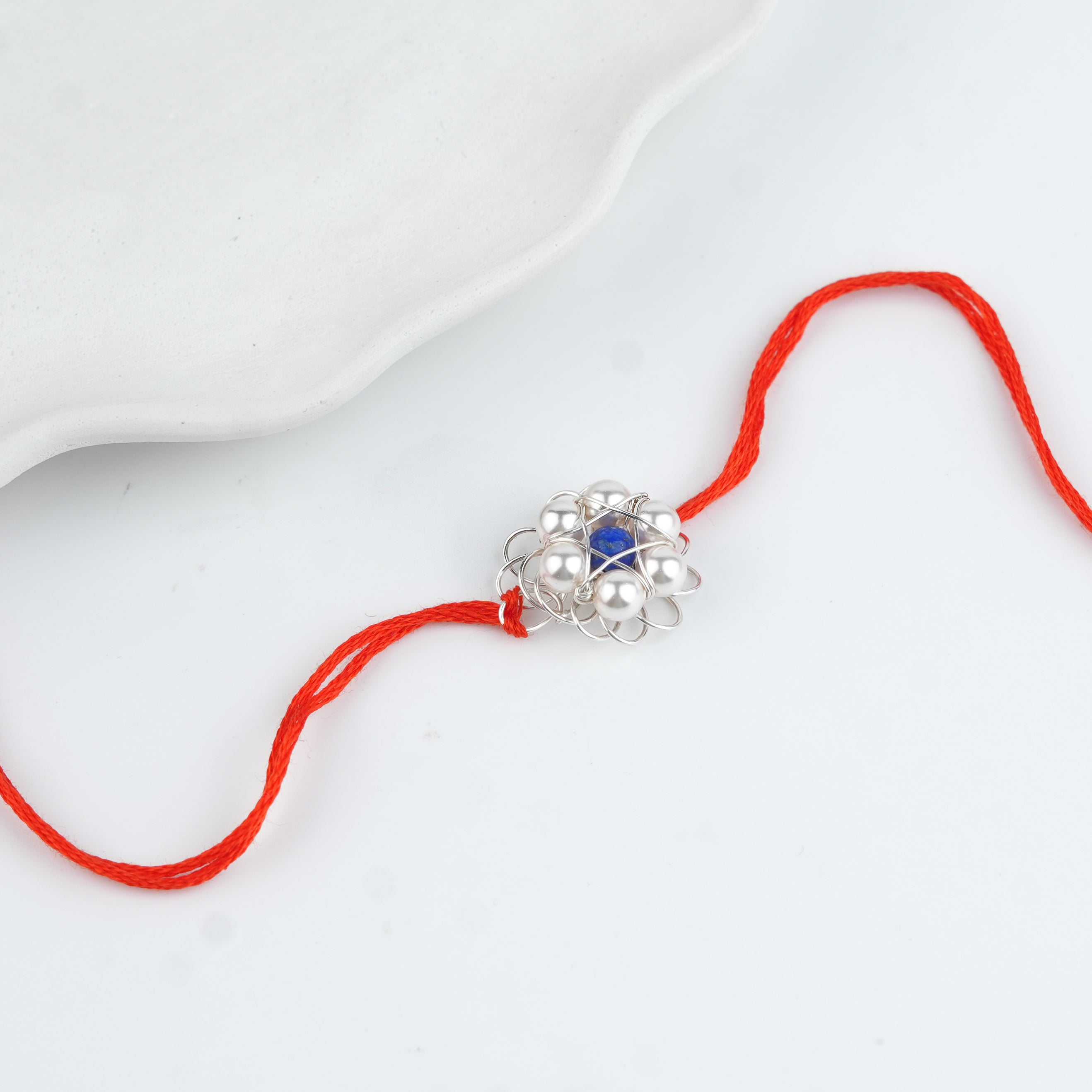 Wire-Wrapped Lapis Lazuli & Pearl Flower Handmade Silver Rakhi