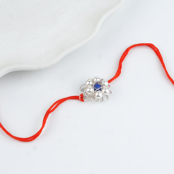 Wire-Wrapped Lapis Lazuli & Pearl Flower Handmade Silver Rakhi