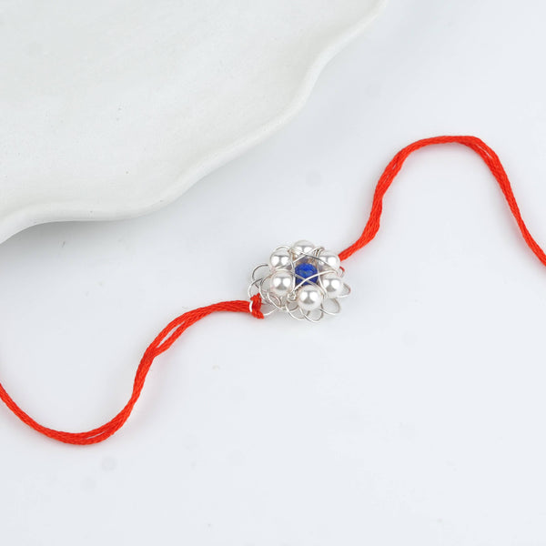 Wire-Wrapped Lapis Lazuli & Pearl Flower Handmade Silver Rakhi