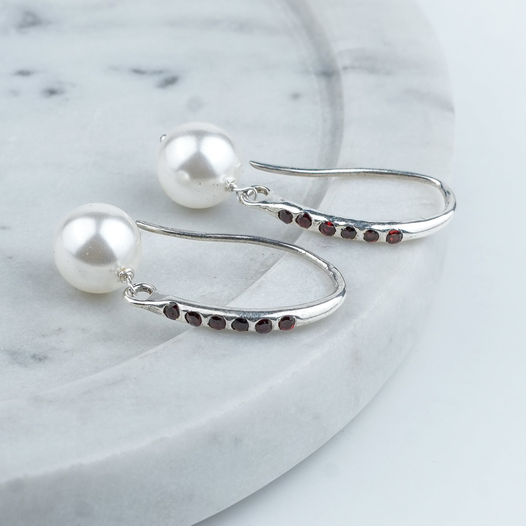 Silver Dangle Pearl Earrings with Red CZ Stones