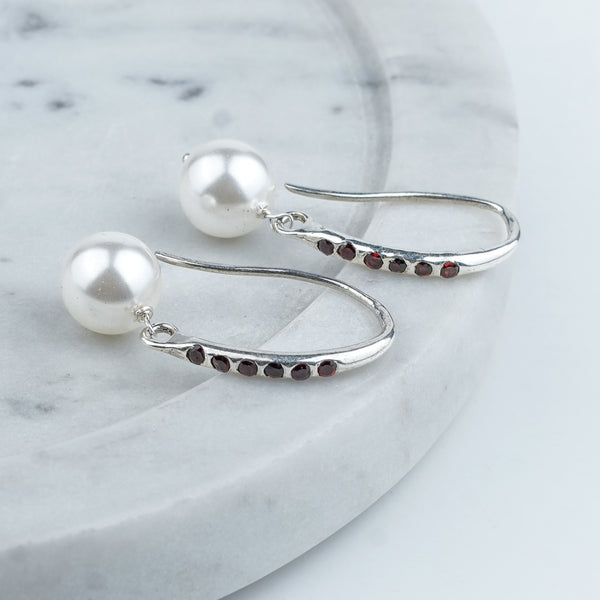 Silver Dangle Pearl Earrings with Red CZ Stones